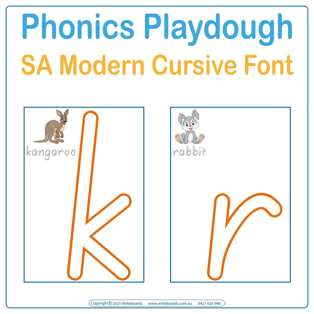 SA Modern Cursive Font Interactive playdough tracing worksheets with phonics reinforcing letter formation and sounds