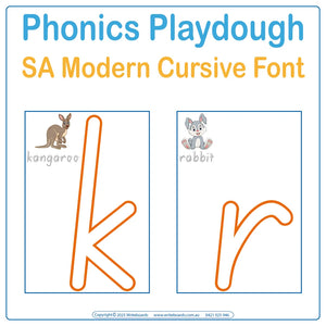 SA Modern Cursive Font Interactive playdough tracing worksheets with phonics reinforcing letter formation and sounds