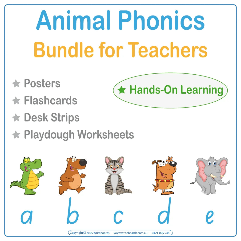 SA Modern Cursive Phonics Teaching Bundle for Teachers with flashcards worksheets desk strips and posters