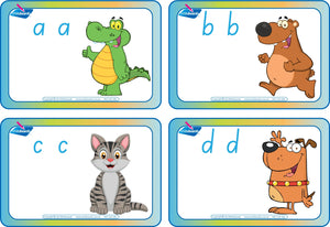 SA Modern Cursive phonics flashcard showing an animal picture with the repeated phonics letter