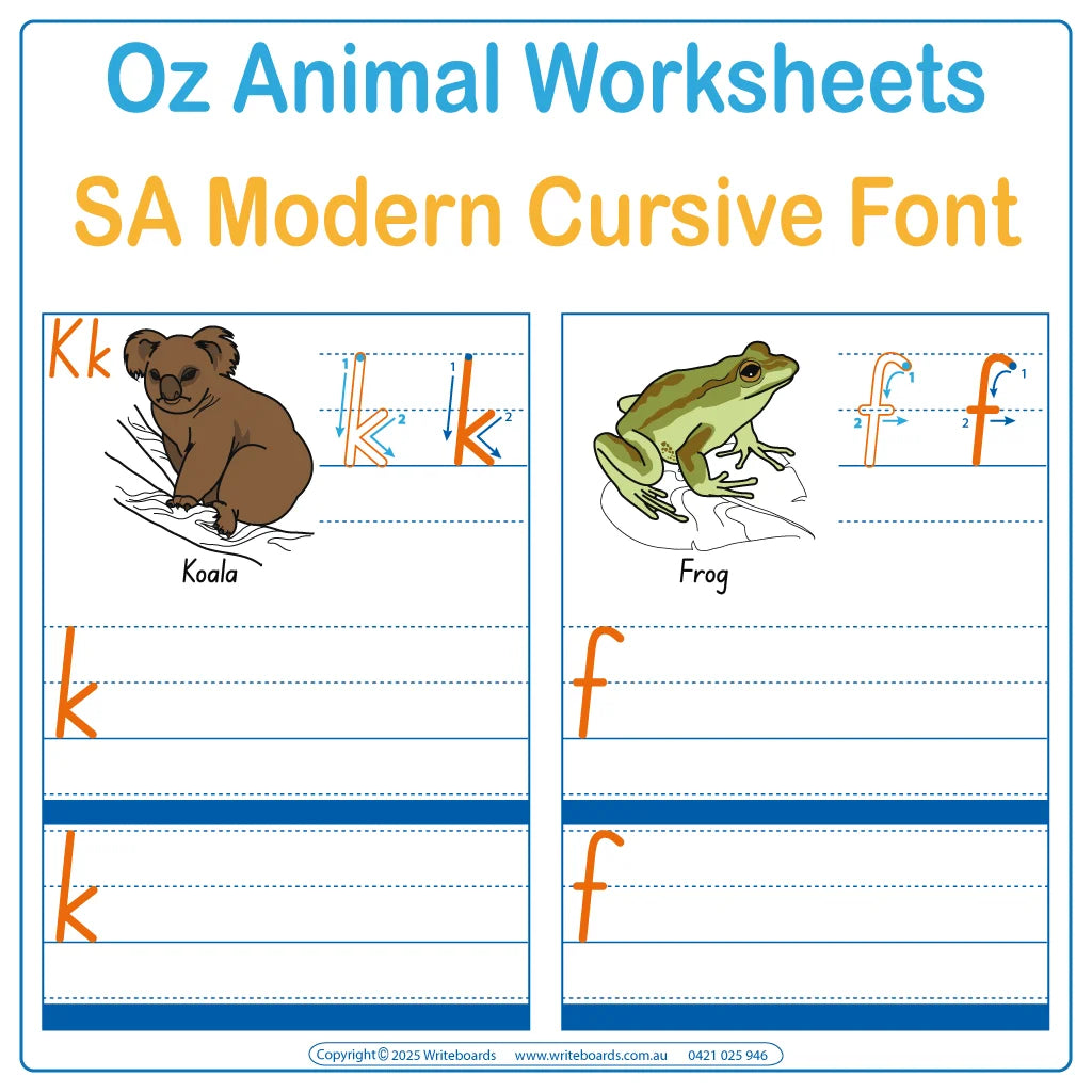 SA Modern Cursive Font Australian Animal Alphabet Tracing Worksheets with Directions for Occupational Therapists and Tutors