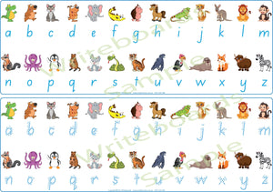 SA Modern Cursive Phonics desk strips for childcare showing letter sounds with picture prompts