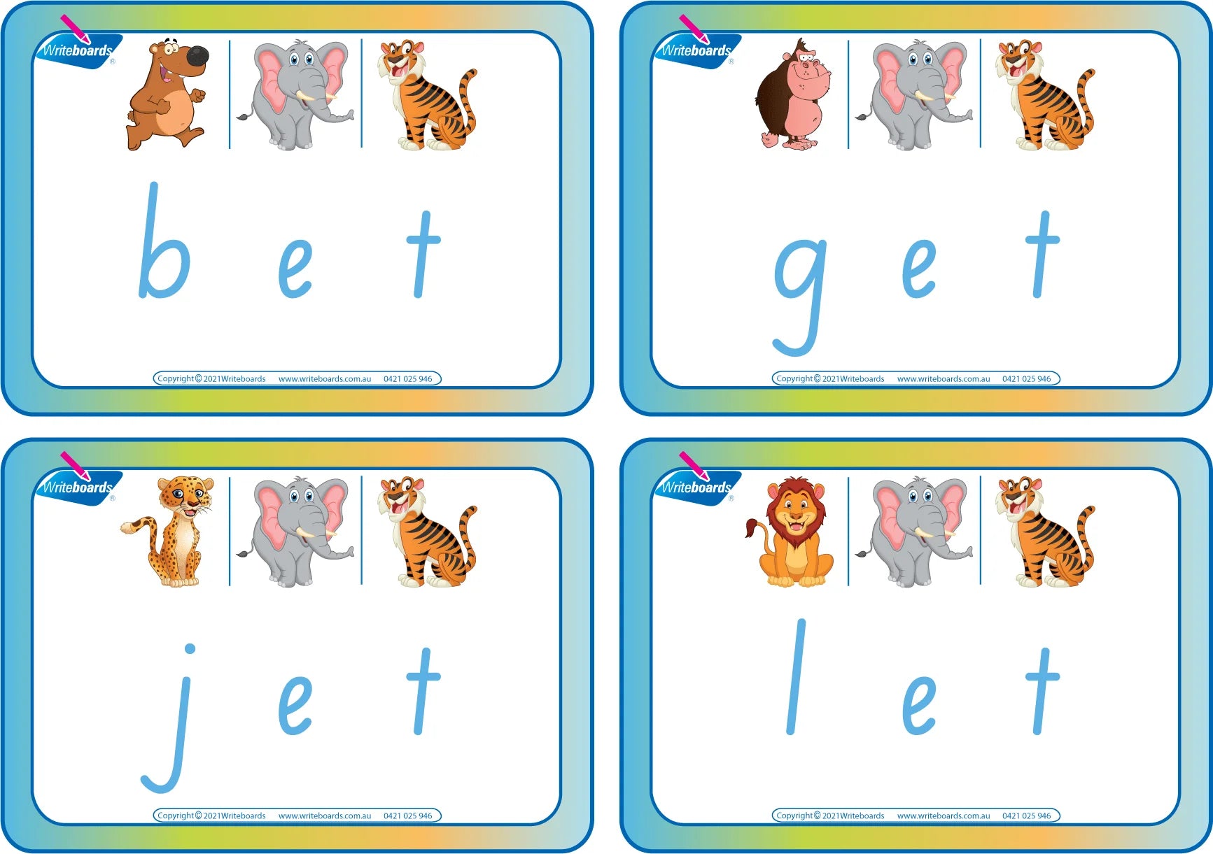 SA Modern Cursive Font CVC Flashcards with the middle letter e, CVC Resources for SA Teachers