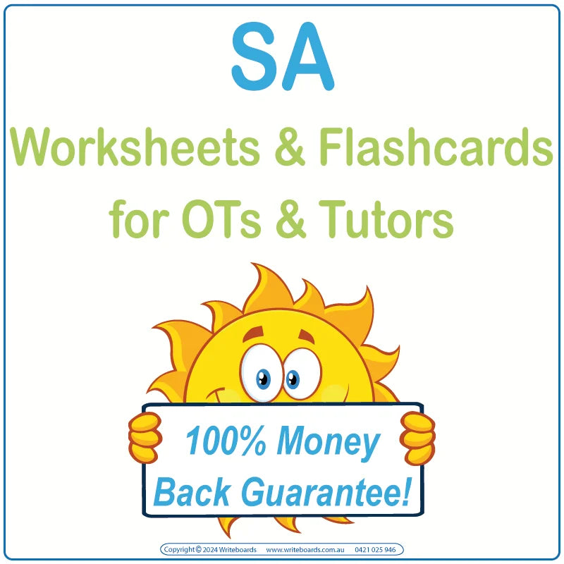 SA Modern Cursive Font Worksheets & Flashcards for Occupational Therapists & Tutors