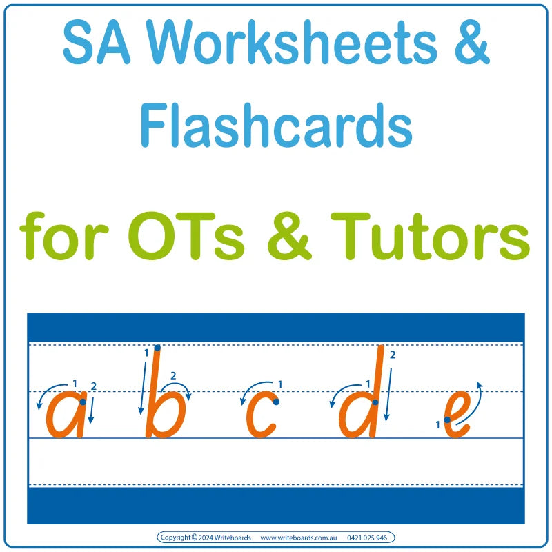 SA Modern Cursive Font Worksheets for Therapists in the SA, SA Tutors Traceable & Printable Worksheets