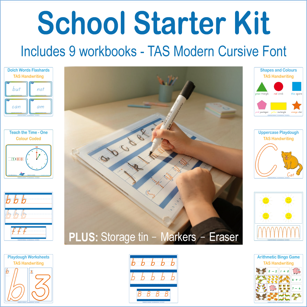 TAS Modern Cursive Font School Starter Kit for beginner handwriting and early learning practice
