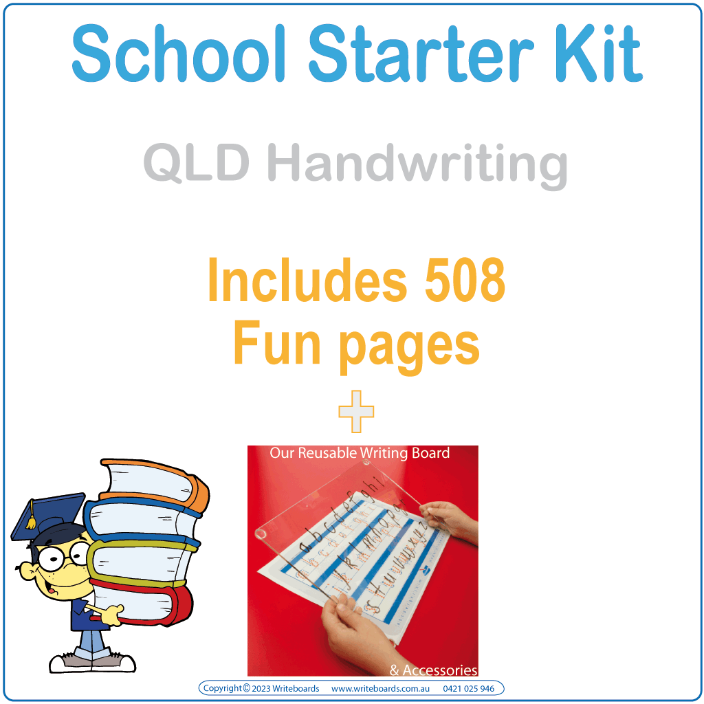 QLD School Starter Kit for ages 4-7 featuring our reusable Writeboard and handwriting practice worksheets