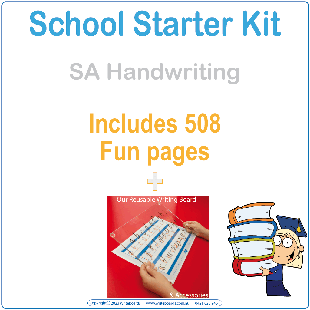 SA School Starter Kit for ages 4-7 featuring our reusable Writeboard and handwriting practice worksheets