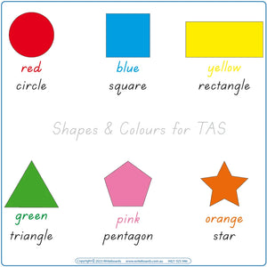 Teach shapes, colours, and fine motor skills with TAS Modern Cursive Font Shape & Colour Worksheets