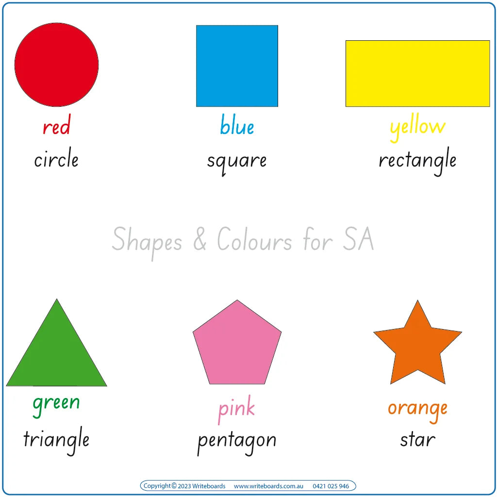 SA Handwriting Shapes and Colour worksheets, SA Shape and Colour Flashcards, SA School Shapes