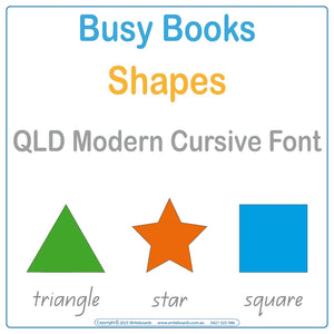 Teach shapes with this QLD Modern Cursive Font Busy Book that includes 16 interactive pages