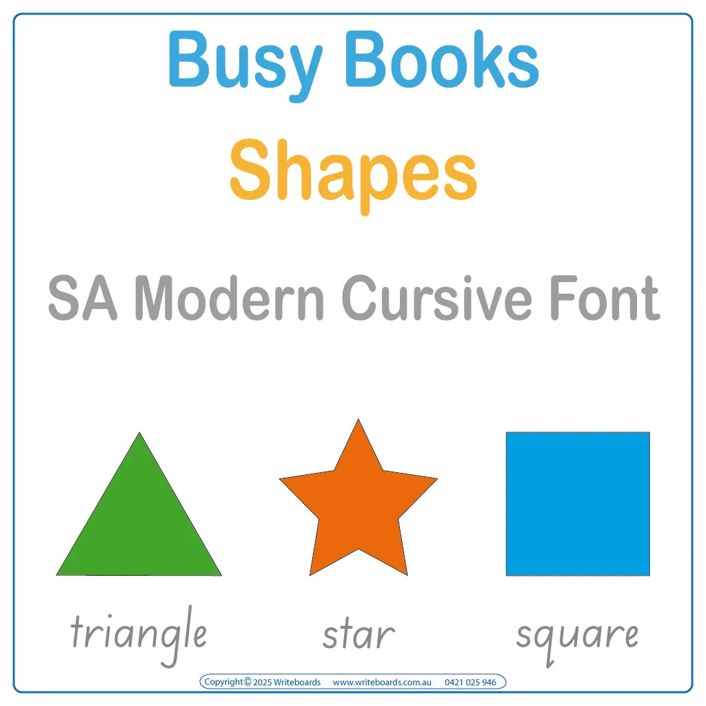 Teach shapes with this SA Modern Cursive Font Busy Book that includes 16 interactive pages