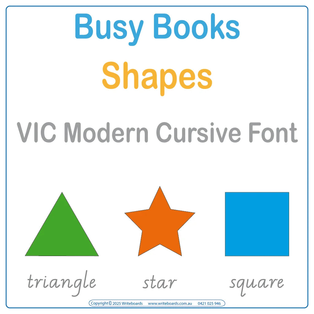 Teach shapes with this VIC Modern Cursive Font Busy Book that includes 16 interactive pages