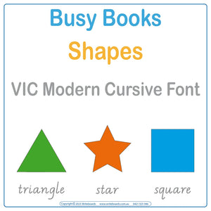 Teach shapes with this VIC Modern Cursive Font Busy Book that includes 16 interactive pages
