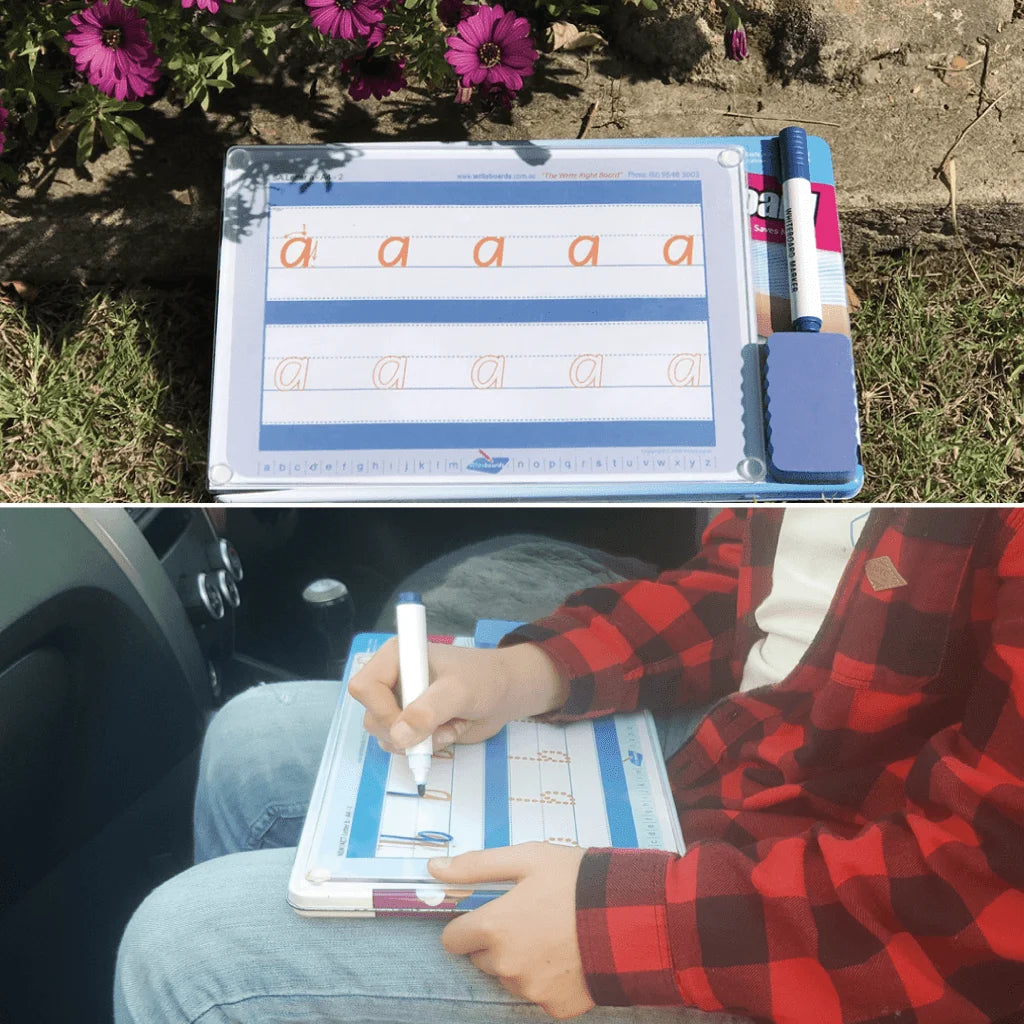 QLD Special Needs Writeboard sitting on it storage tin that turns into a lap table