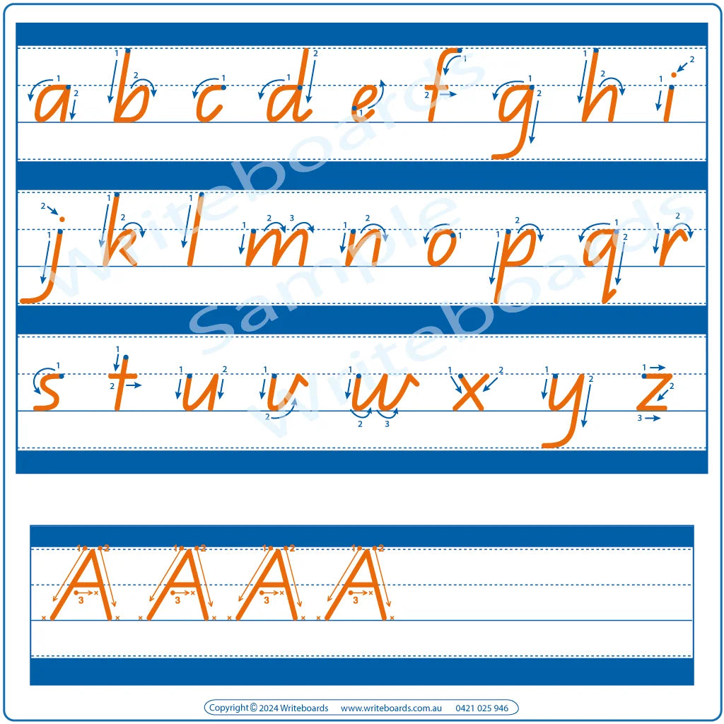 QCursive Early Stage One lowercase alphabet tracing worksheets with directional arrows for teachers