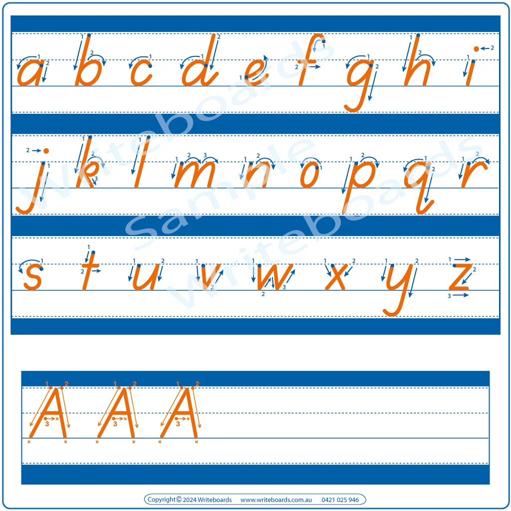 TAS Modern Cursive Font lowercase alphabet tracing worksheets with directional arrows for teachers