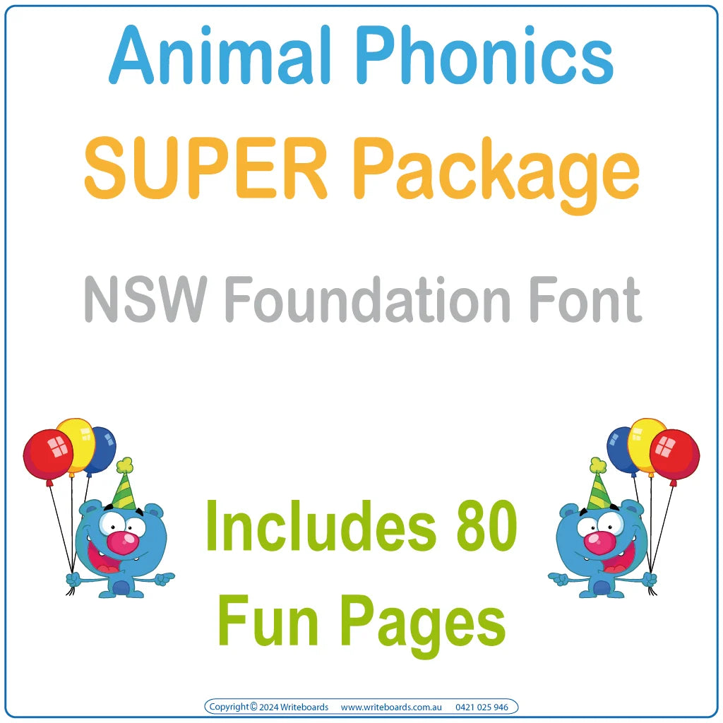 NSW Foundation Font Animal Phonics Package includes posters & flashcards with  desk strips & play dough