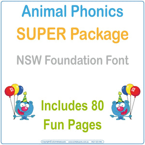 NSW Foundation Font Animal Phonics Package includes posters & flashcards with  desk strips & play dough