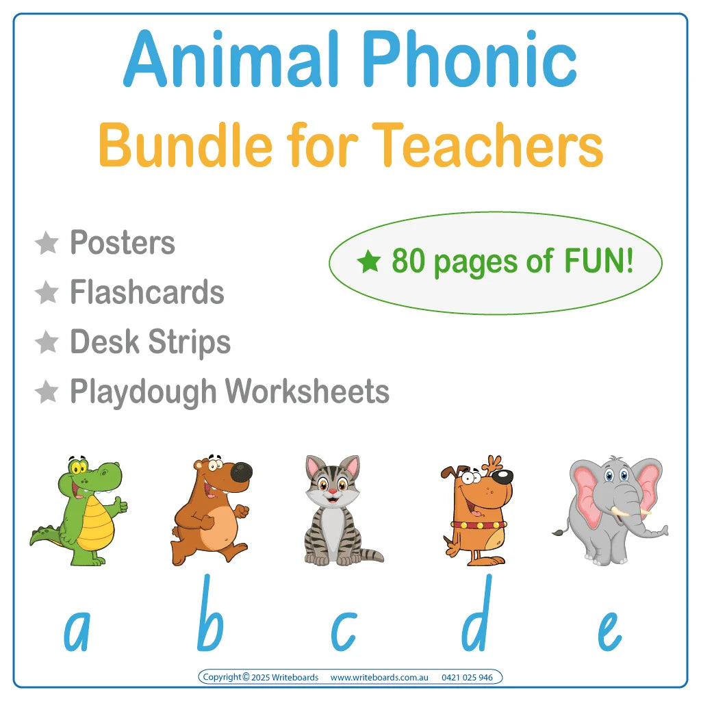 All-in-one phonics package with animal-themed flashcards in NSW Foundation Font for comprehensive literacy learning