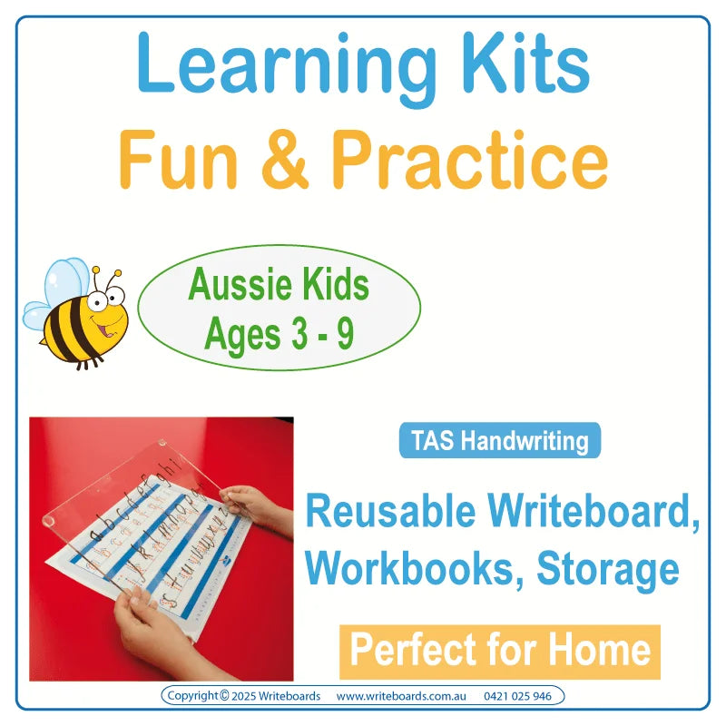 Educational kits for kids in TAS includes reusable Writeboard and fun learning worksheets