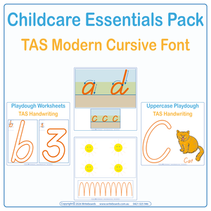 TAS Modern Cursive Font Childcare Essentials Pack - Playdough plus Letter & Number Worksheets