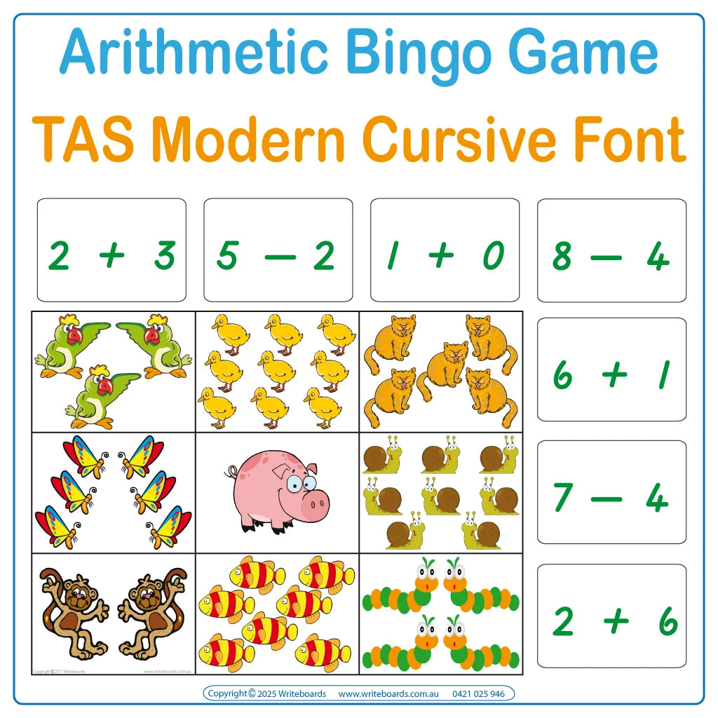 TAS Modern Cursive Font Math Bingo Game for Occupational Therapists and Tutors