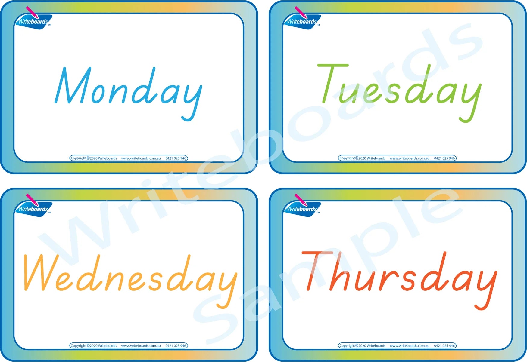 TAS Modern Cursive Font Weekdays Flashcards for Teachers and Educators plus kids aged 3+
