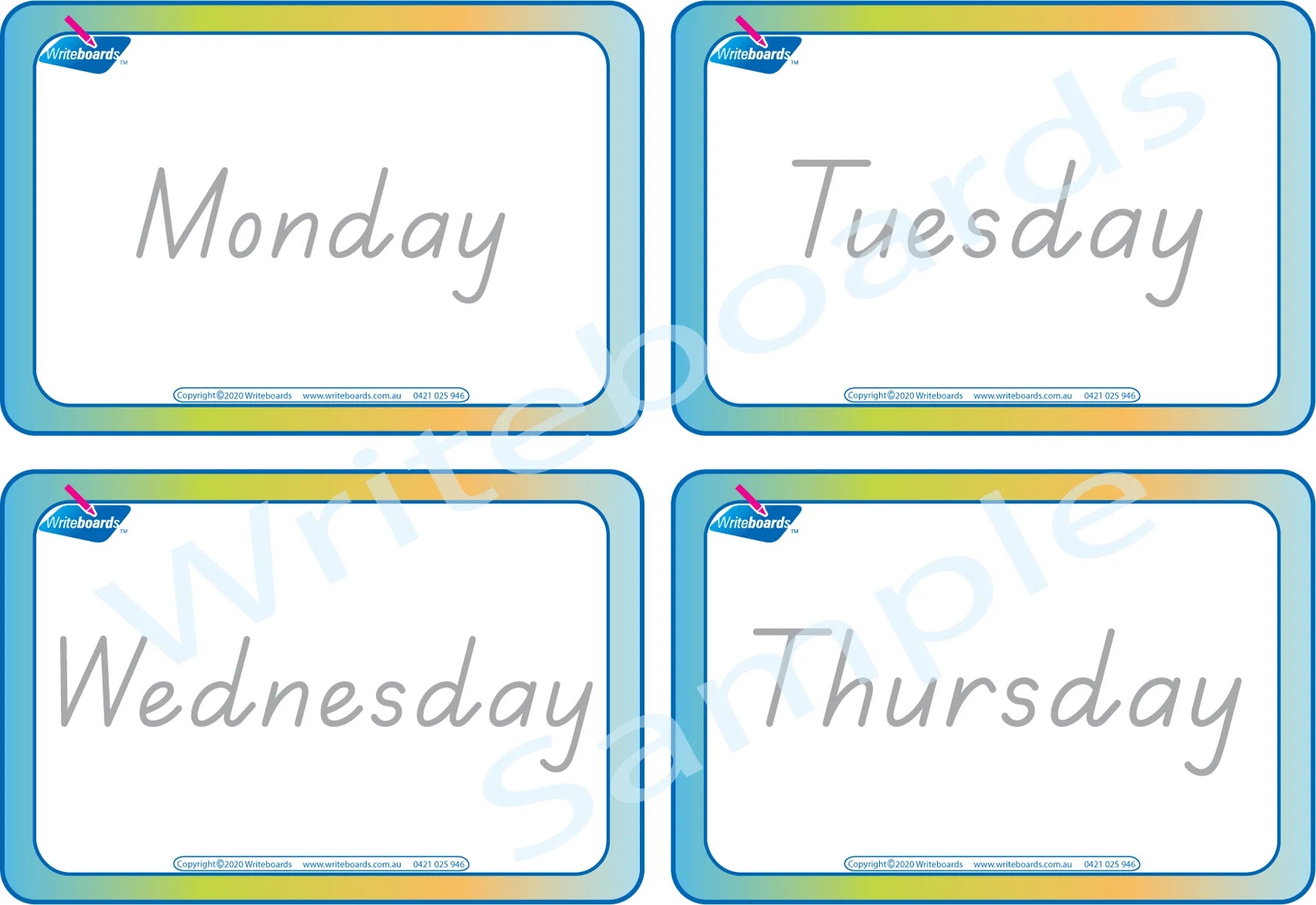 TAS Modern Cursive Font Weekdays Flashcards for Teachers and Educators plus kids aged 3+