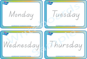 TAS Modern Cursive Font Weekdays Flashcards for Teachers and Educators plus kids aged 3+