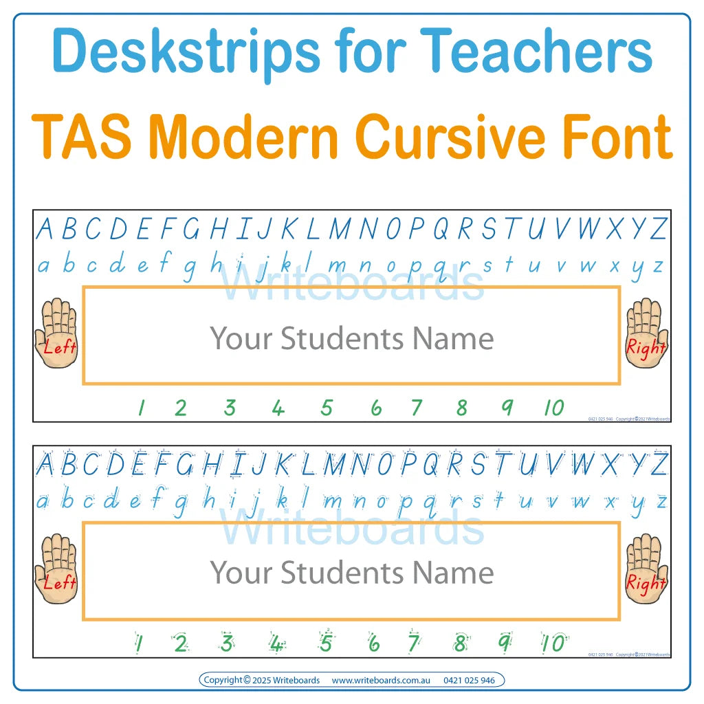 TAS Modern Cursive Font Desk Strips for Prep & Childcare Educators