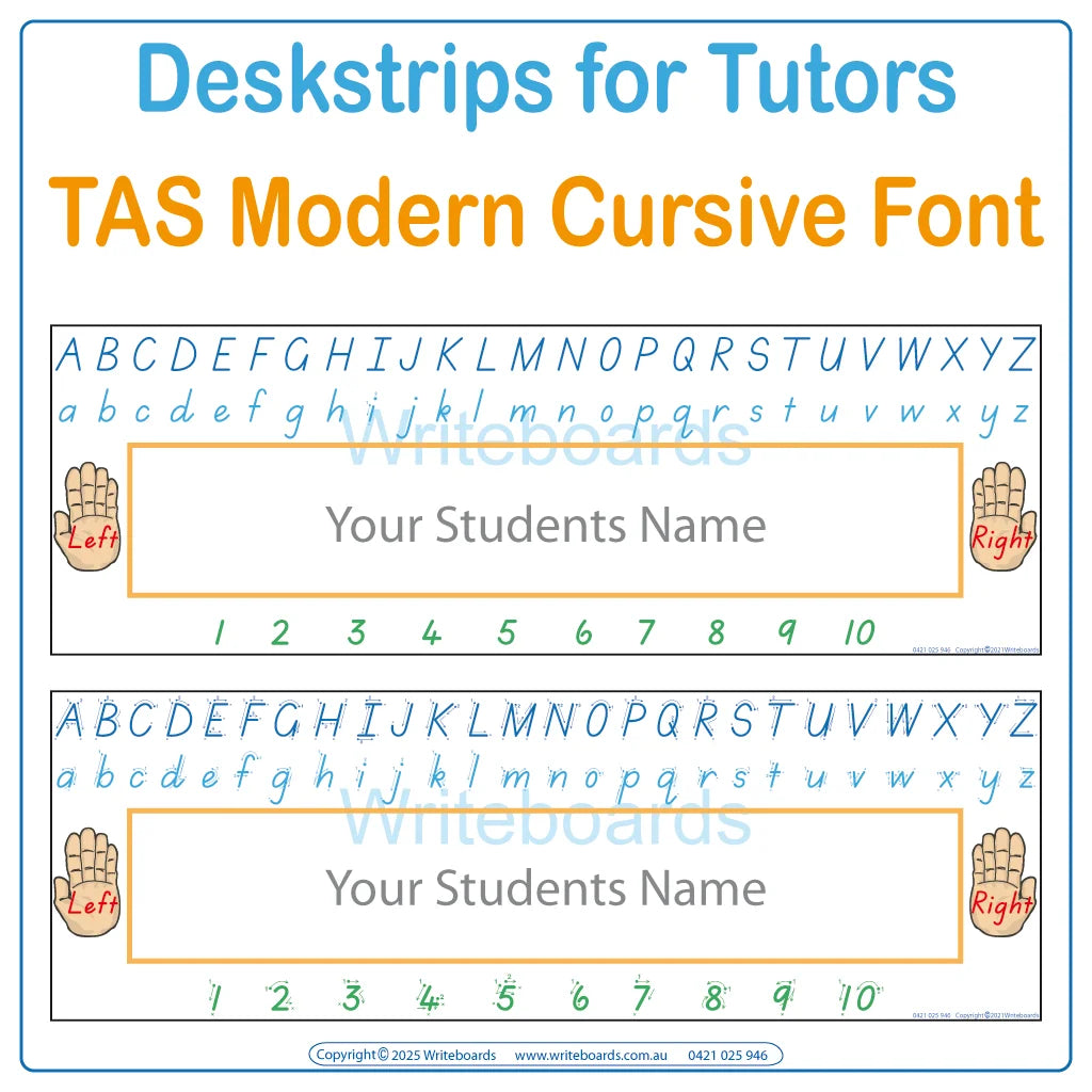 TAS Modern Cursive Font Reusable Desk Strips with and without Directions for Occupational Therapists and Tutors