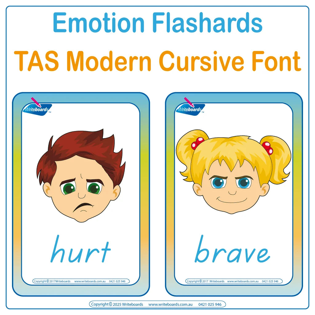 TAS Modern Cursive Font Colourful Emotion Flashcards for Occupational Therapists and Tutors