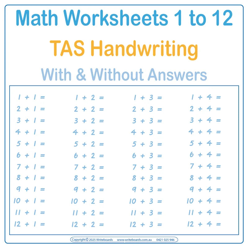 TAS Modern Cursive Font Special Needs Kit 2 includes Math Worksheets with and without answers