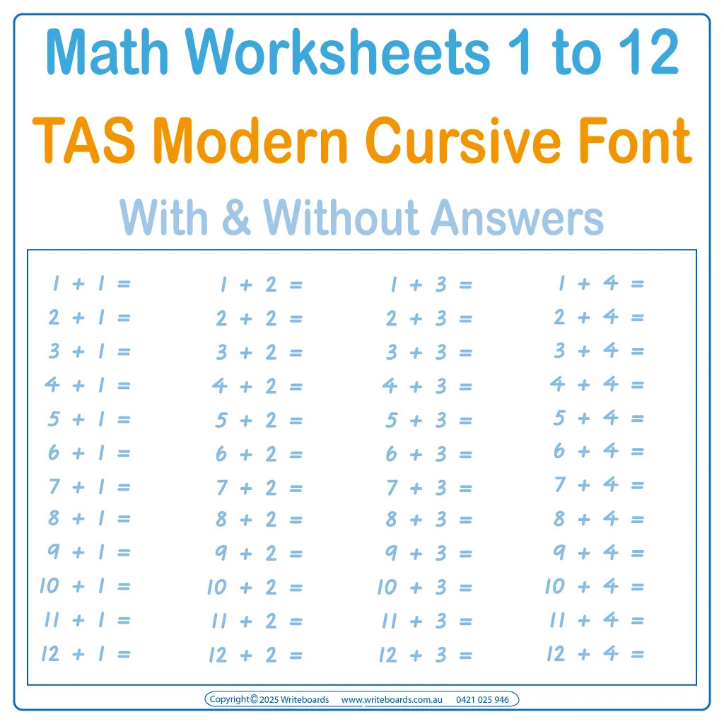 TAS Modern Cursive Font Math Worksheets with and without Answers for Occupational Therapists and Tutors