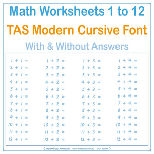 TAS Modern Cursive Font Math Worksheets for teachers - Covers addition – subtraction - multiplication - division