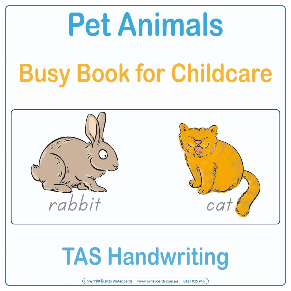 TAS Modern Cursive Font Pet Animal Busy Book for Childcare & Preschool children aged 3+