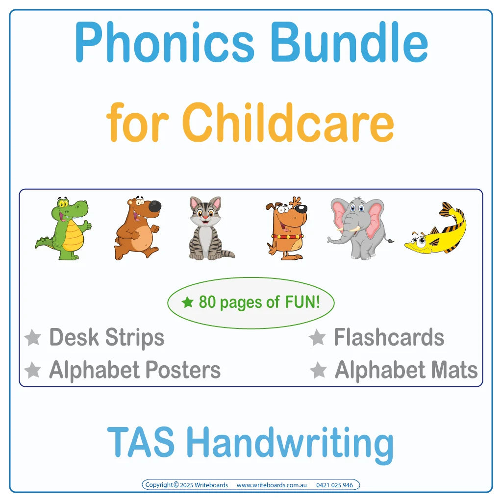 TAS Modern Cursive phonics bundle for childcare with posters mats desk strips flashcards letters and words