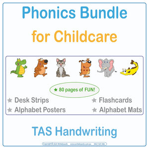 TAS Modern Cursive phonics bundle for childcare with posters mats desk strips flashcards letters and words