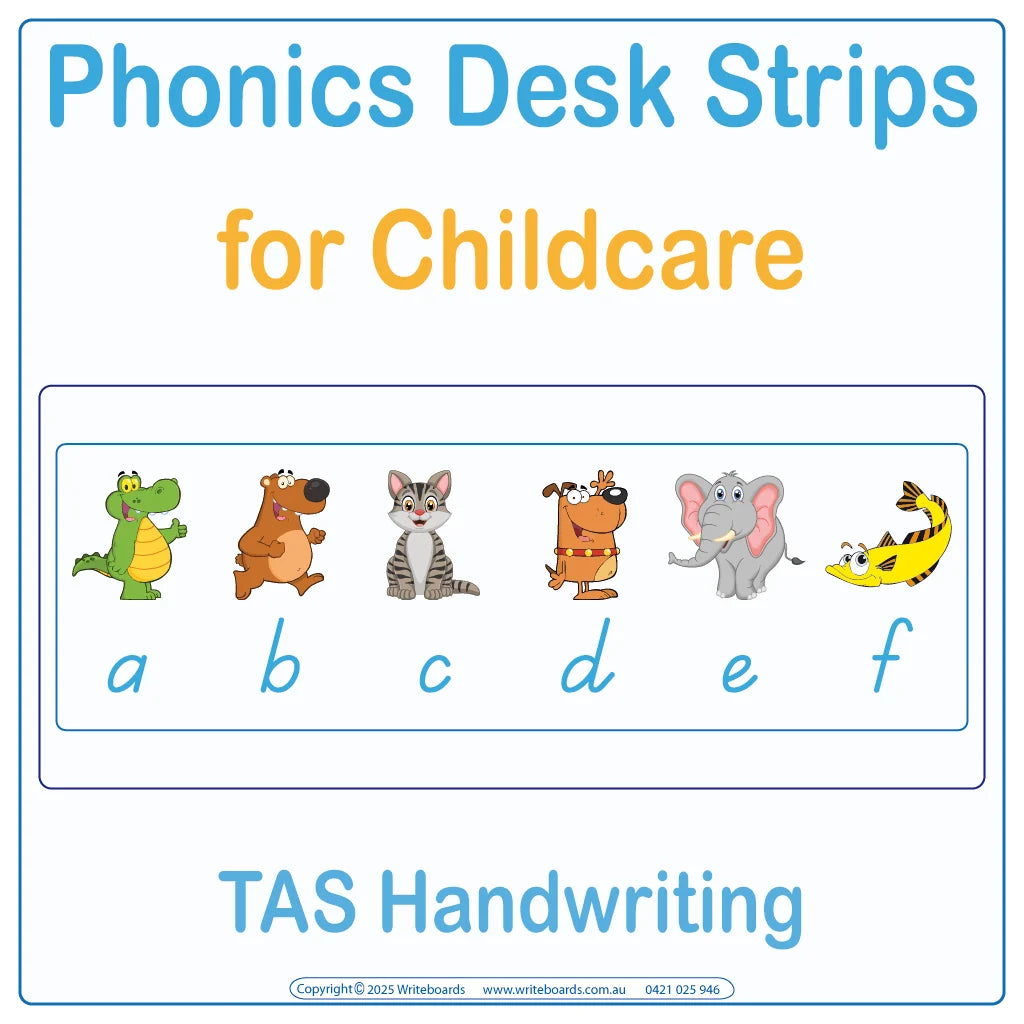 TAS Modern Cursive Font Phonics desk strips for kindergarten showing letter sounds with picture prompts
