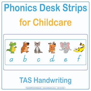 TAS Modern Cursive Font Phonics desk strips for kindergarten showing letter sounds with picture prompts