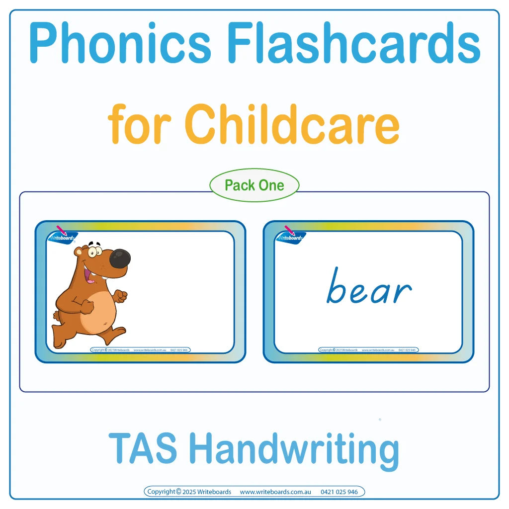TAS Modern Cursive phonics flashcards for childcare showing the word with a matching picture