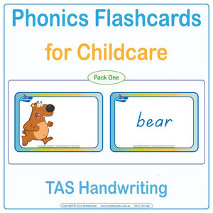 TAS Modern Cursive phonics flashcards for childcare showing the word with a matching picture