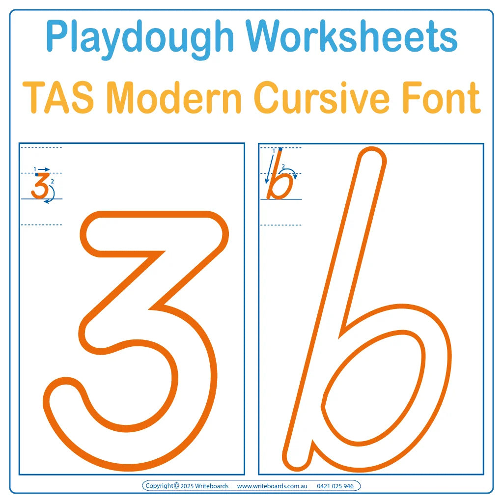 TAS Modern Cursive Alphabet and Number Worksheets targeting Fine Motors Skills for Occupational Therapists and Tutors