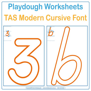 TAS Modern Cursive Alphabet and Number Worksheets targeting Fine Motors Skills for Occupational Therapists and Tutors