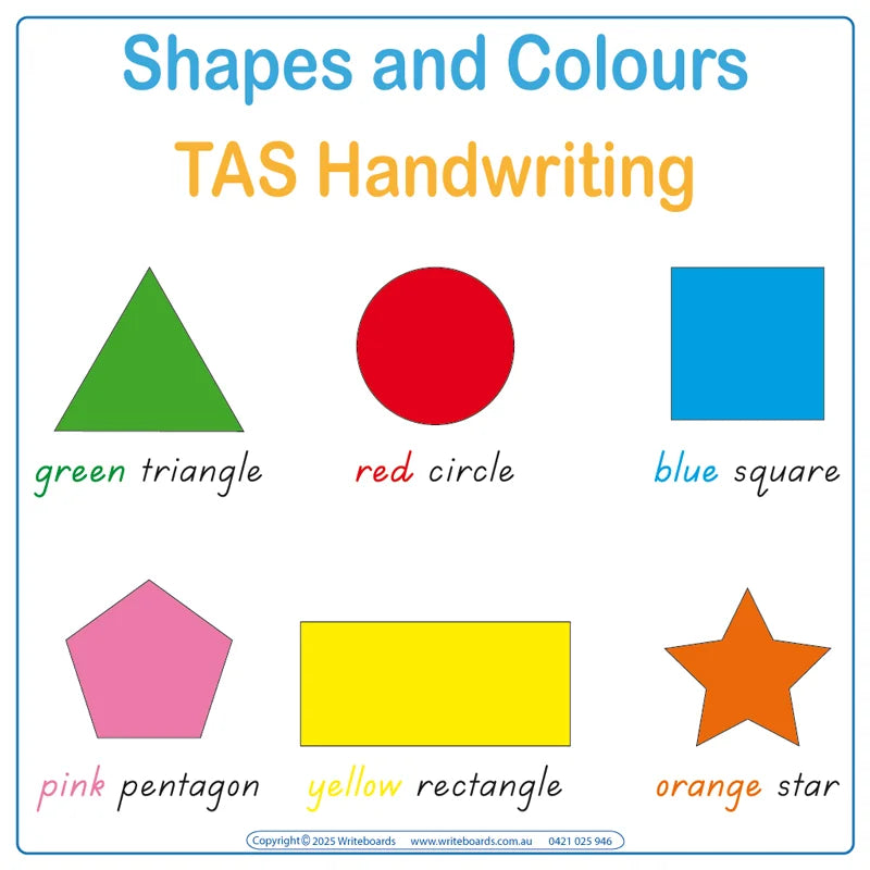 TAS Modern Cursive Font School Starter Kit includes Shape and Colour Worksheets and Flashcards