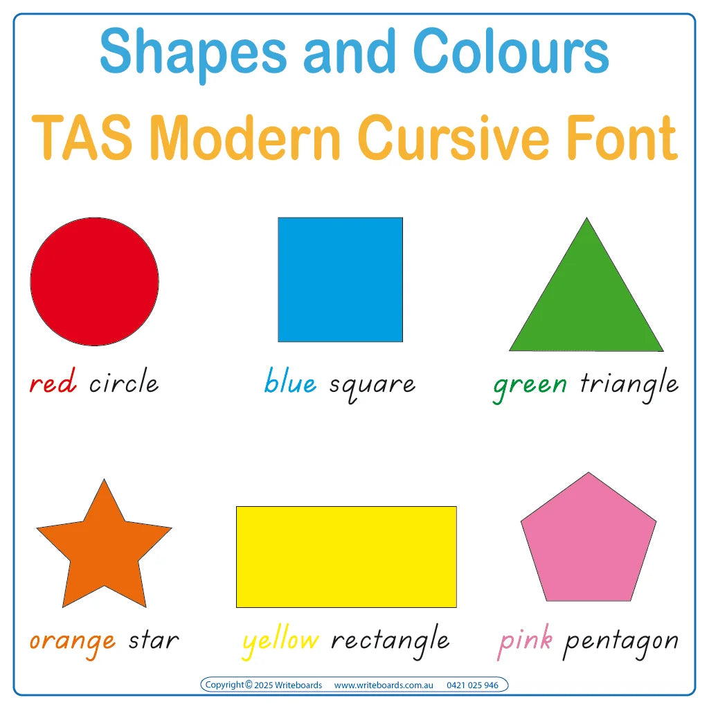 TAS Modern Cursive Font Shape and Colour Worksheets and Flashcards for Prep & Childcare Educators