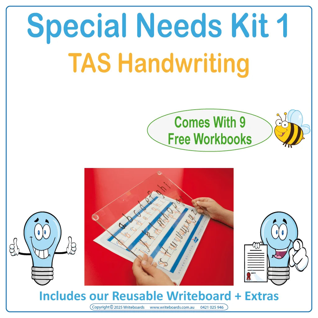 TAS Modern Cursive Special Needs Kit includes our Reusable Writeboard & TAS Worksheets & Flashcards