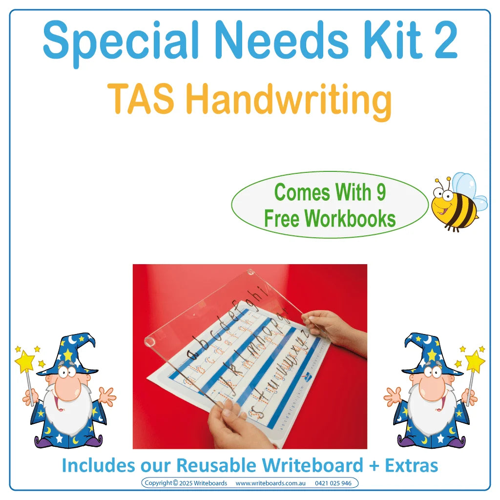 TAS Modern Cursive Font Special Needs Kit for advanced learners includes reusable Writeboard and worksheets
