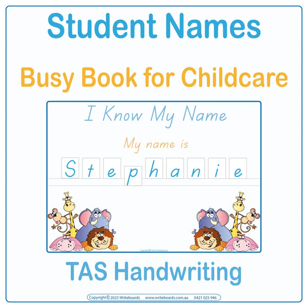 TAS Modern Cursive Student Name Busy Book - Childcare EYLF - Writeboards